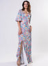 Curved V Neck Paneled Satin Printed Dress
